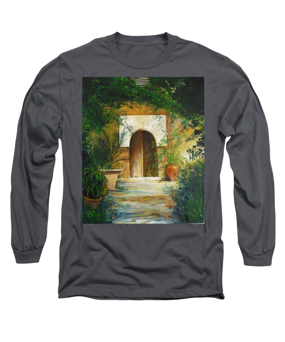 Farmhouse Courtyard Long Sleeve T-Shirt featuring the painting Patio Mallorquin by Lizzy Forrester