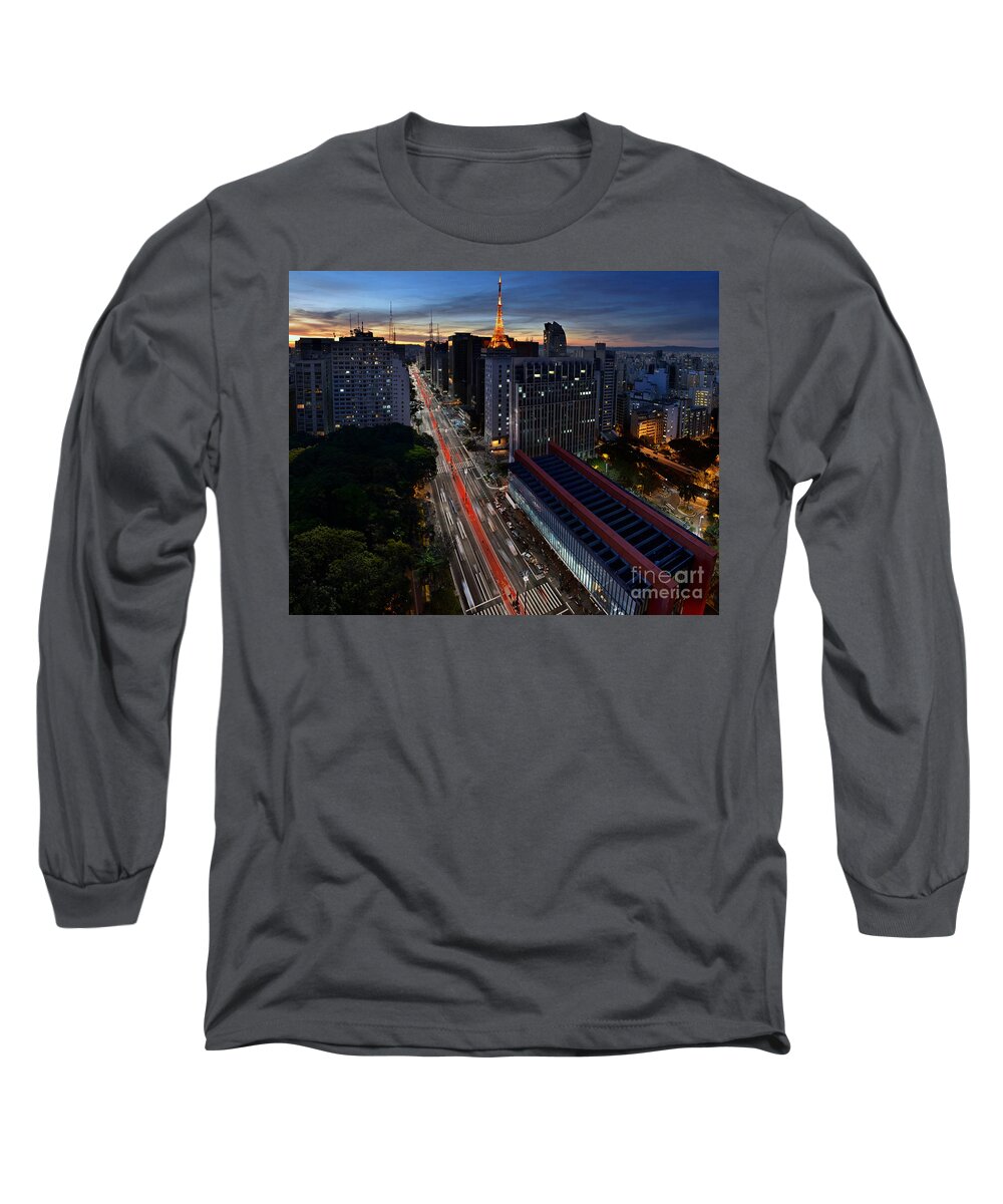 Brazil Long Sleeve T-Shirt featuring the photograph Paulista Avenue and MASP at Dusk - Sao Paulo - Brazil by Carlos Alkmin