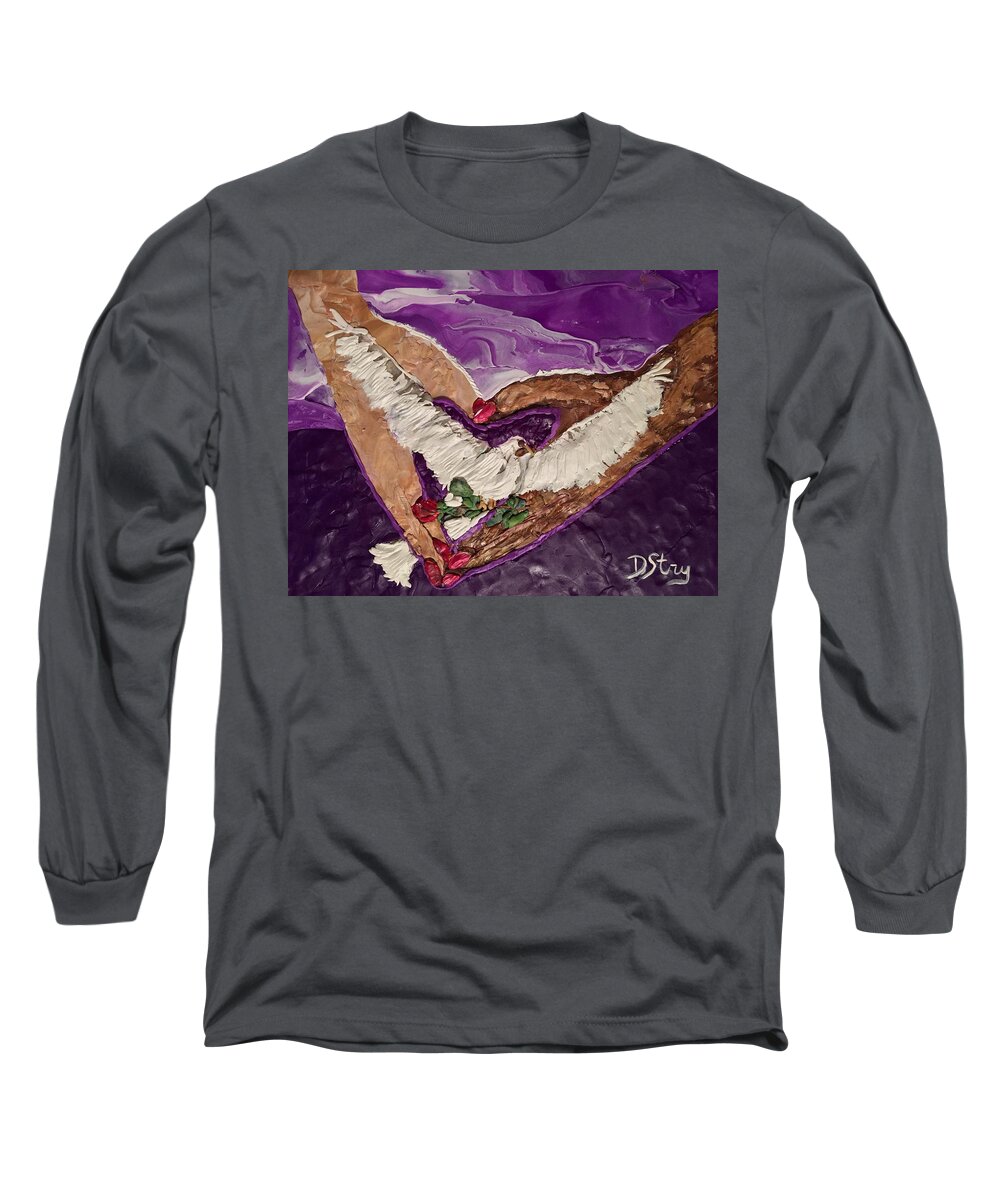 Hands Long Sleeve T-Shirt featuring the mixed media Peace and Love by Deborah Stanley