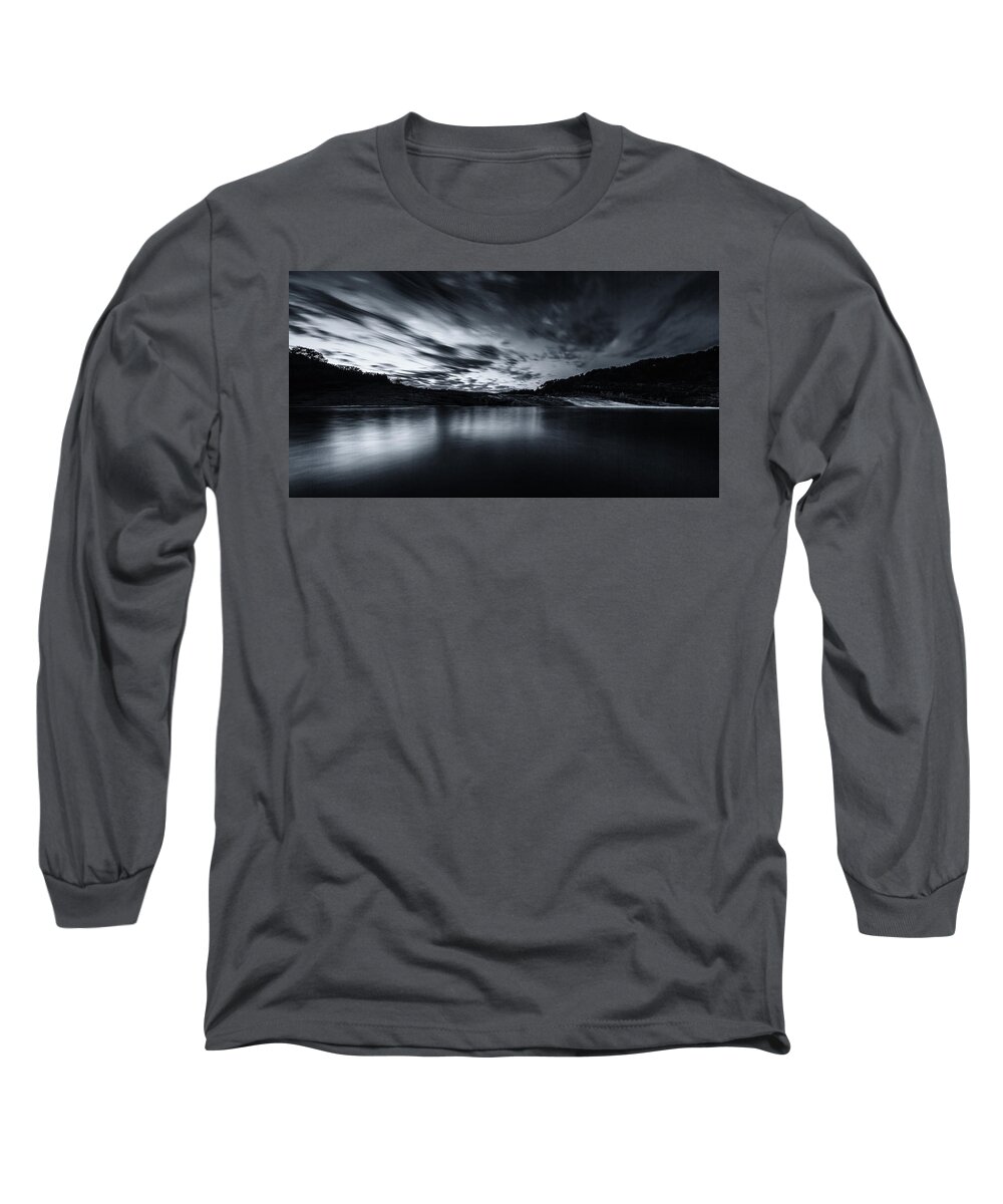 Peddernales Long Sleeve T-Shirt featuring the photograph Peddernales Falls Long Exposure Black and White #1 by Micah Goff