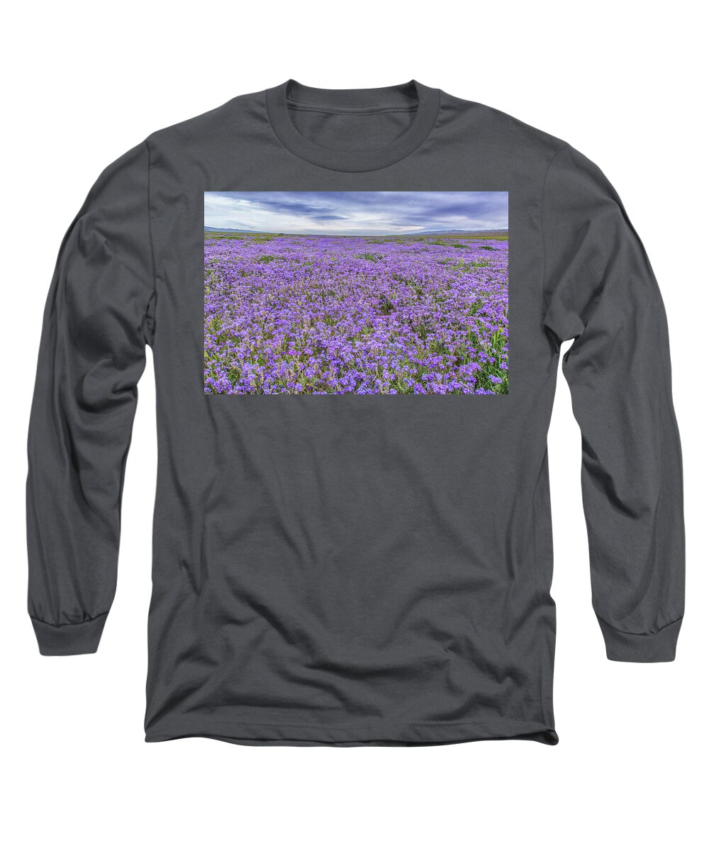 California Long Sleeve T-Shirt featuring the photograph Phacelia Field and Clouds by Marc Crumpler