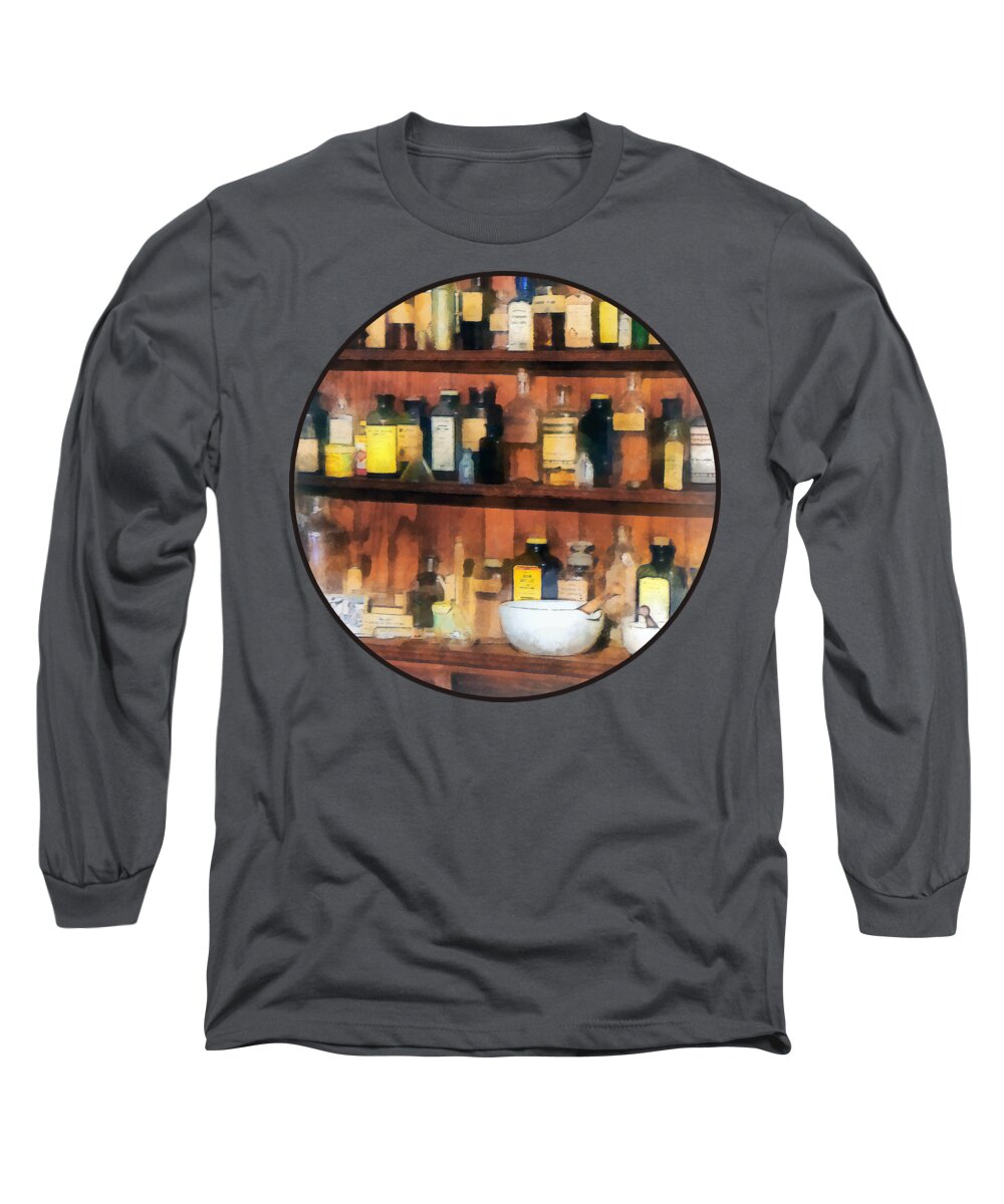 Druggist Long Sleeve T-Shirt featuring the photograph Pharmacist - Mortar Pestles and Medicine Bottles by Susan Savad