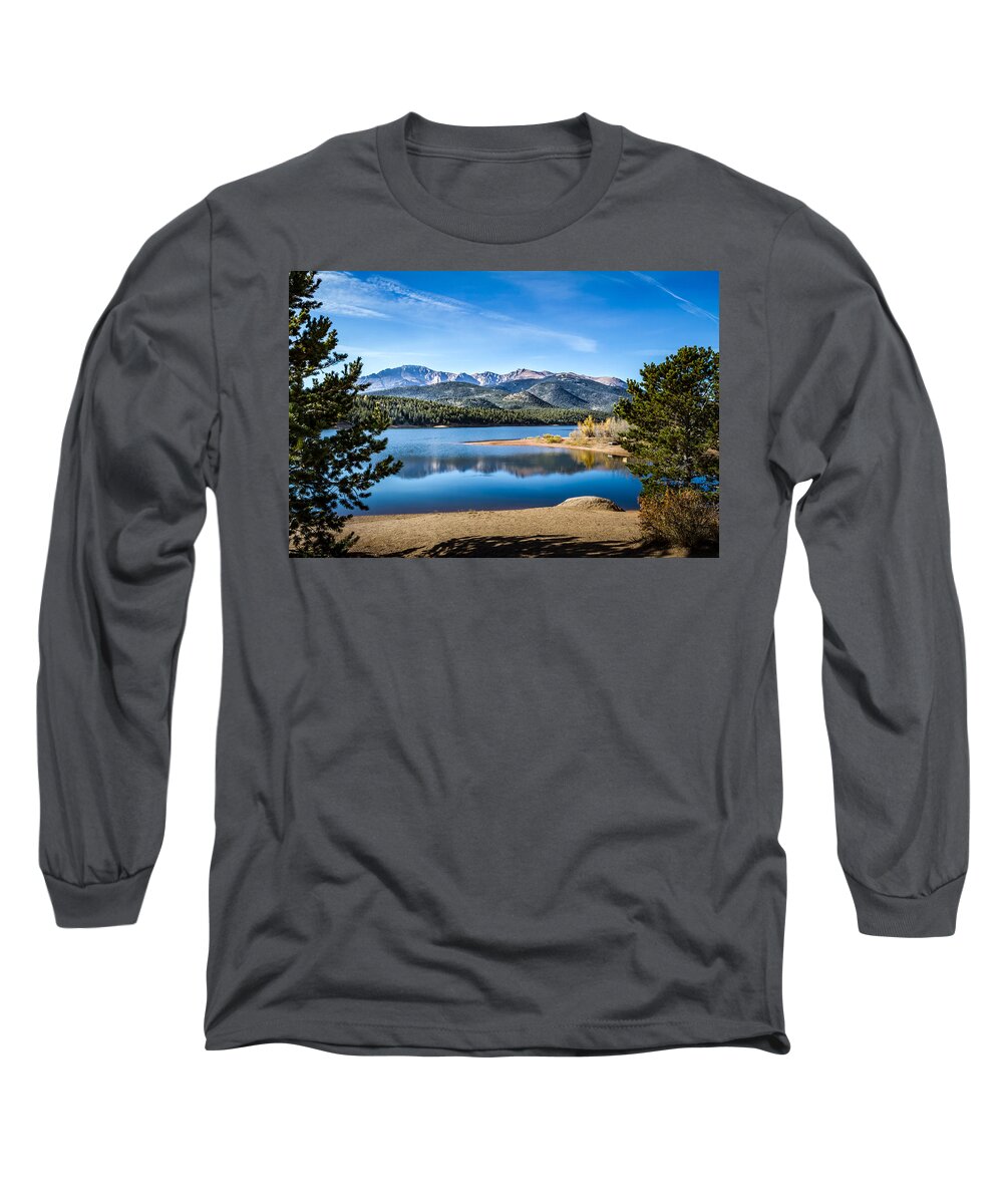 Blue Sky Long Sleeve T-Shirt featuring the photograph Pikes Peak Over Crystal Lake by Ron Pate