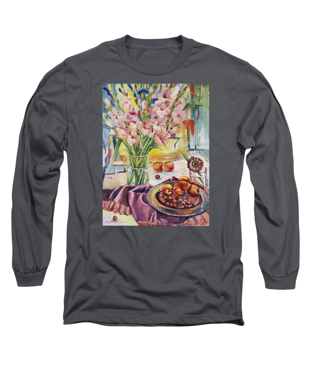Still Life Long Sleeve T-Shirt featuring the painting Pink Gladioas by Ingrid Dohm