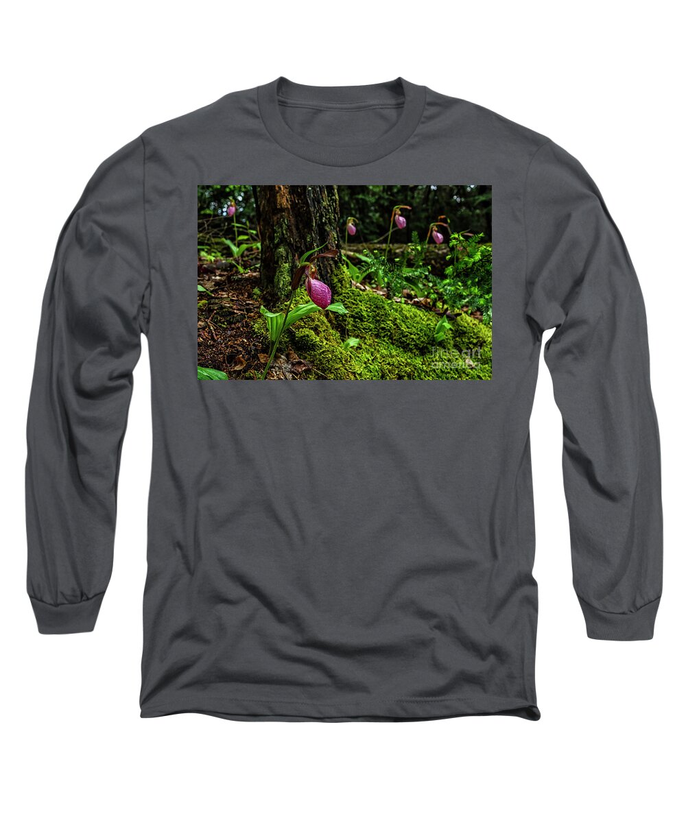 Pink Lady’s Slipper Long Sleeve T-Shirt featuring the photograph Pink Ladys Slippers on Moss by Thomas R Fletcher