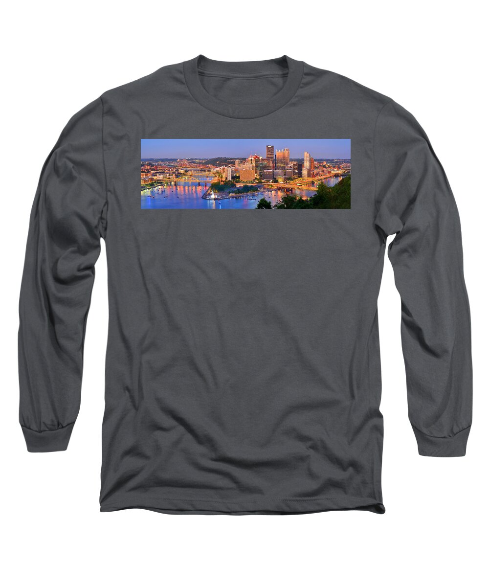 Pittsburgh Skyline Long Sleeve T-Shirt featuring the photograph Pittsburgh Pennsylvania Skyline at Dusk Sunset Panorama by Jon Holiday