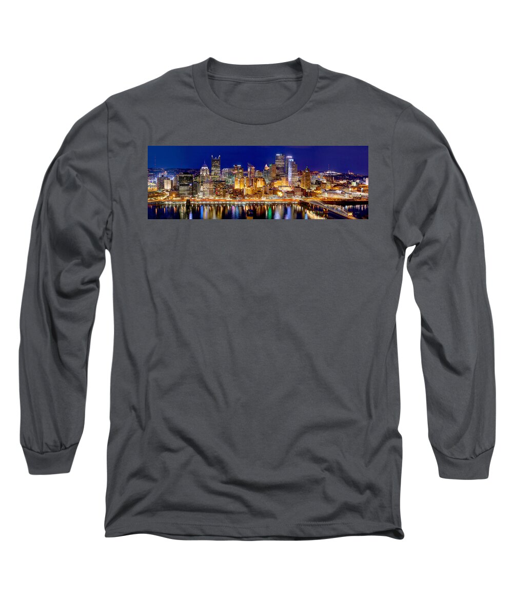 Pittsburgh Skyline At Night Long Sleeve T-Shirt featuring the photograph Pittsburgh Pennsylvania Skyline at Night Panorama by Jon Holiday