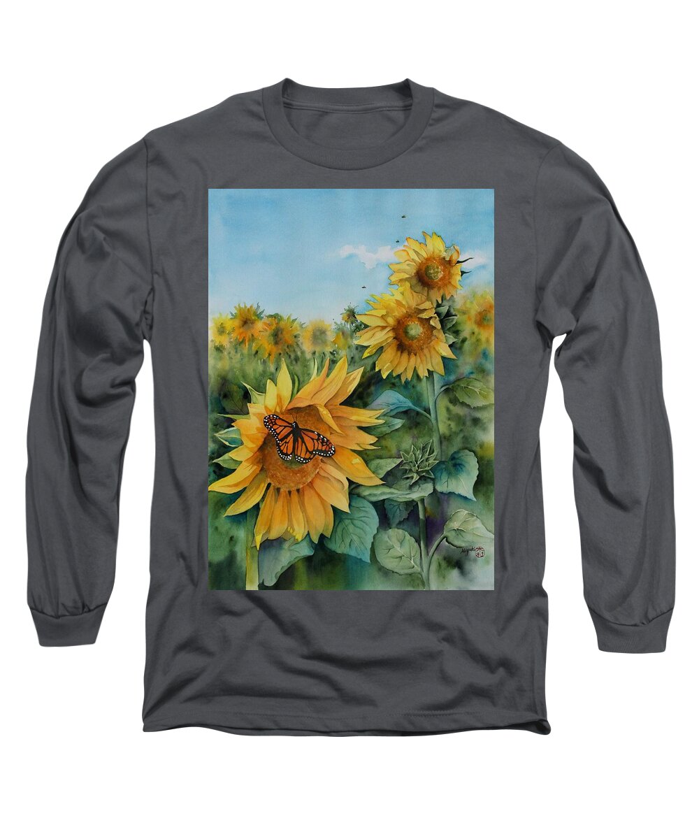 Sunflowers Long Sleeve T-Shirt featuring the painting Pollinators by Kelly Miyuki Kimura