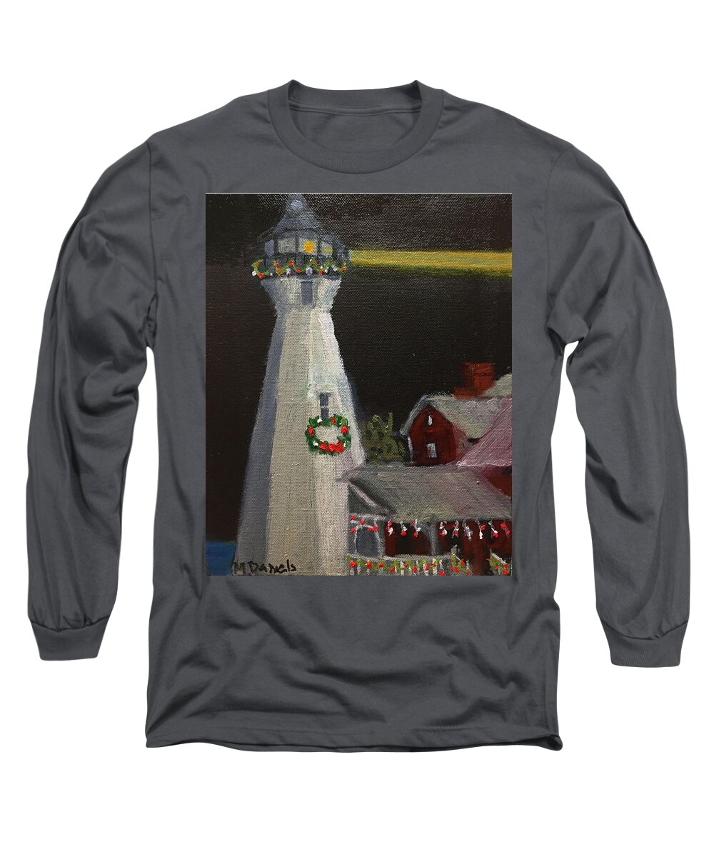 Christmas Xmas Wreath Lights Lighthouse Lake Huron Night Nocturne Long Sleeve T-Shirt featuring the painting Port Sanilac Lighthouse at Christmas by Michael Daniels