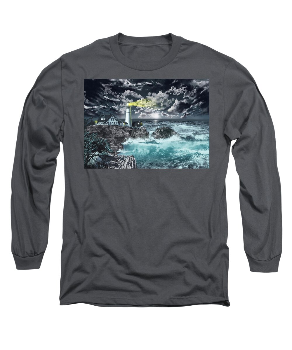 Lighthouse Long Sleeve T-Shirt featuring the painting Portland Head Light by Bekim M