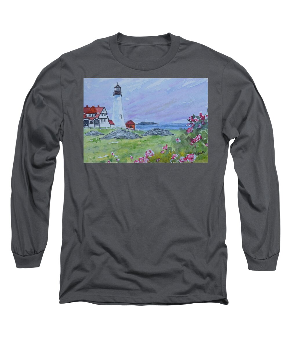 Lighthouse Long Sleeve T-Shirt featuring the painting Portland Headlight Roses by Kellie Chasse