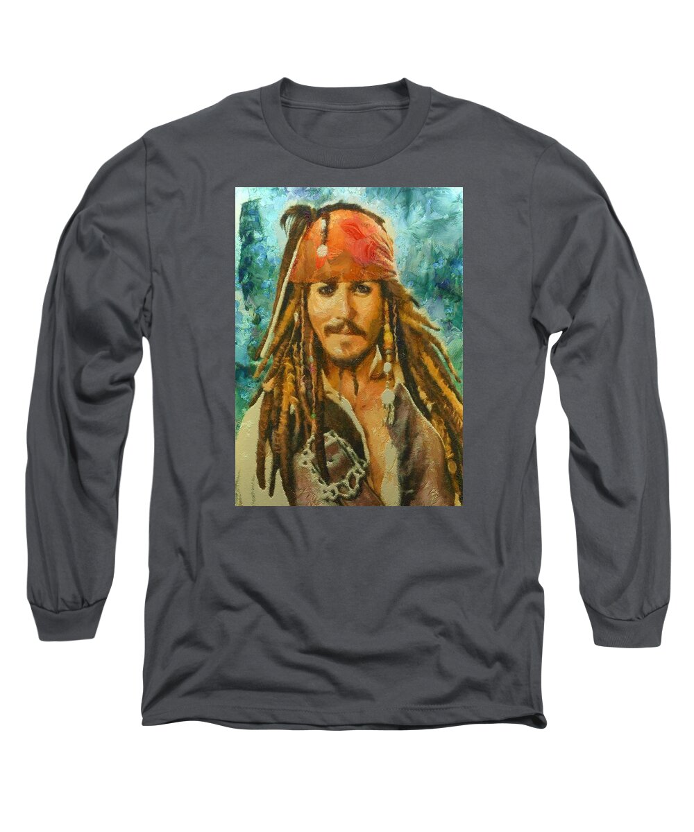 Portrait Long Sleeve T-Shirt featuring the digital art Portrait of Johnny Depp by Charmaine Zoe