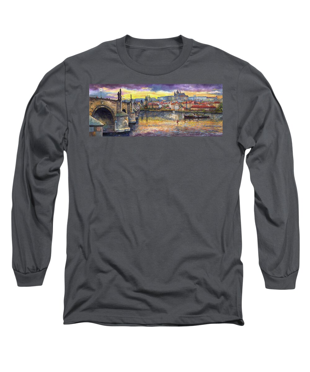 Oil On Canvas Long Sleeve T-Shirt featuring the painting Prague Charles Bridge and Prague Castle with the Vltava River 1 by Yuriy Shevchuk