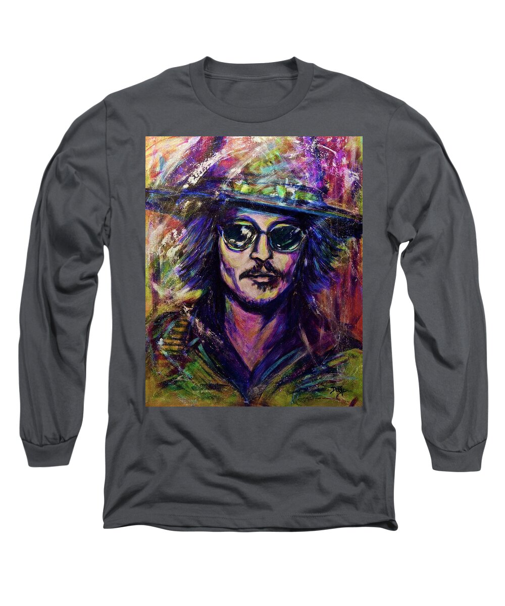 Precious Metals Long Sleeve T-Shirt featuring the painting Precious Metals, Johnny Depp by Debi Starr