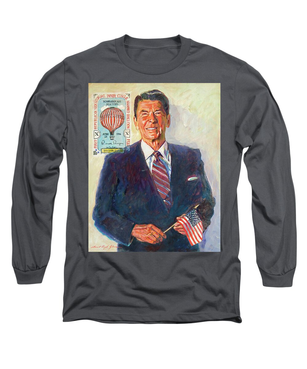 Presidents Long Sleeve T-Shirt featuring the painting President Reagan Balloon Stamp by David Lloyd Glover