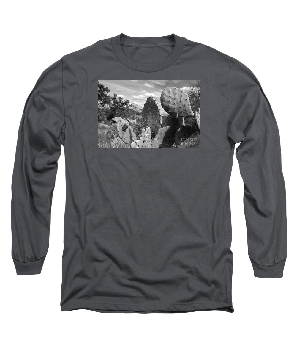 Enchanted Rock Is An Enormous Pink Granite Pluton Batholith Located In The Llano Uplift Approximately 17 Miles North Of Fredericksburg Long Sleeve T-Shirt featuring the photograph Prickly Pear at Enchanted Rock by Greg Kopriva