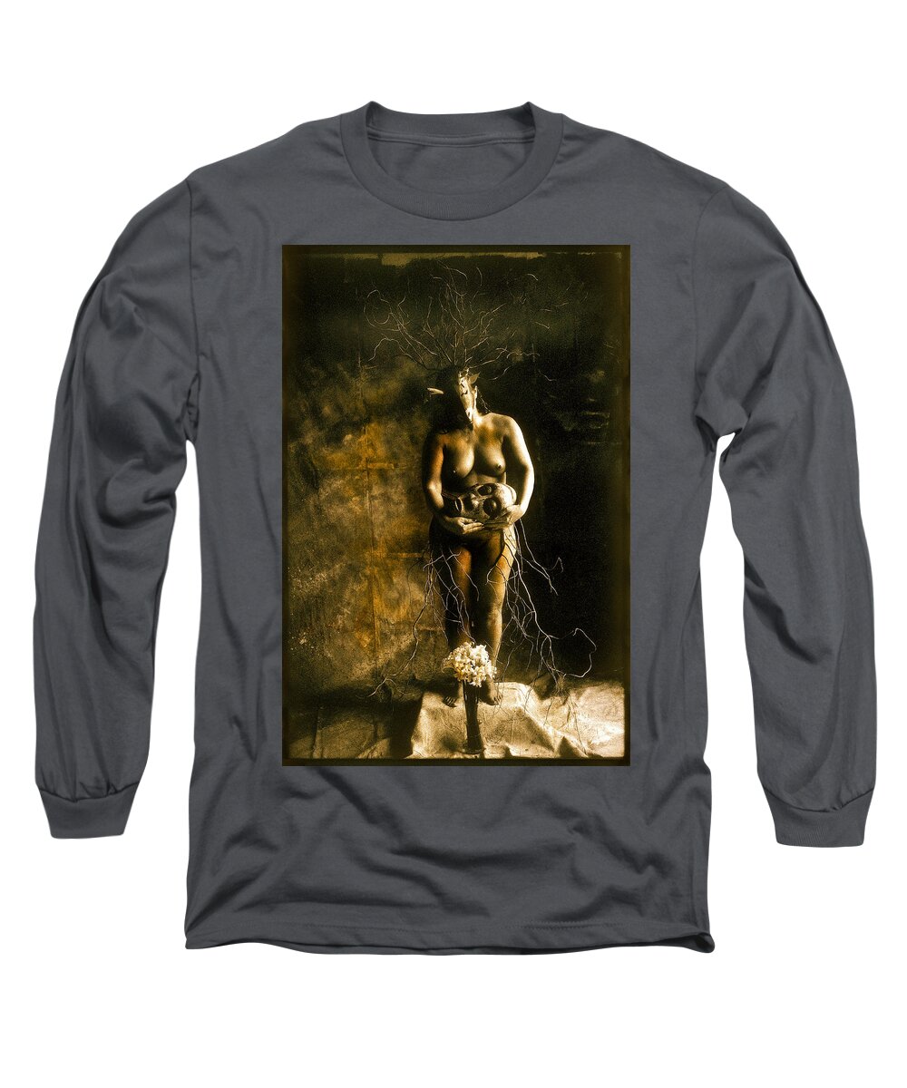 Primitive Art Long Sleeve T-Shirt featuring the photograph Primitive Woman Holding Mask by David Chasey