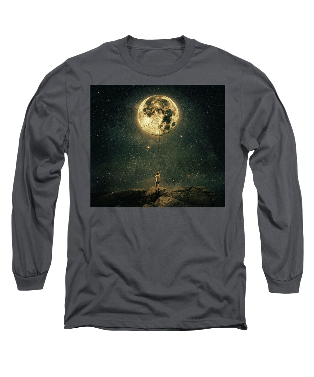Pull Long Sleeve T-Shirt featuring the digital art Pulling Moon by PsychoShadow ART