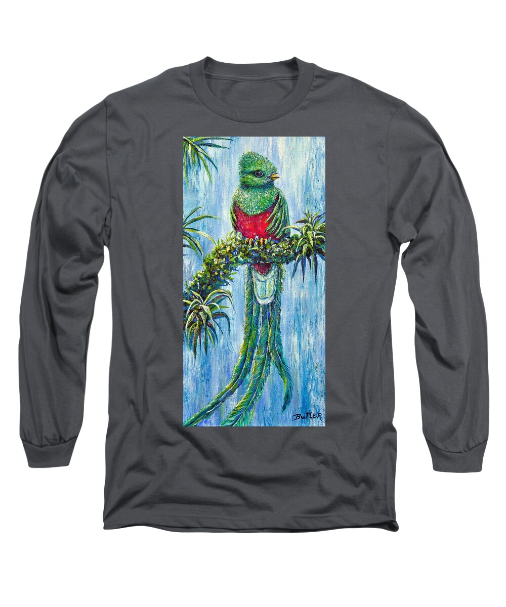Nature Bird Quetzal Rainforest Long Sleeve T-Shirt featuring the painting Quetzal by Gail Butler
