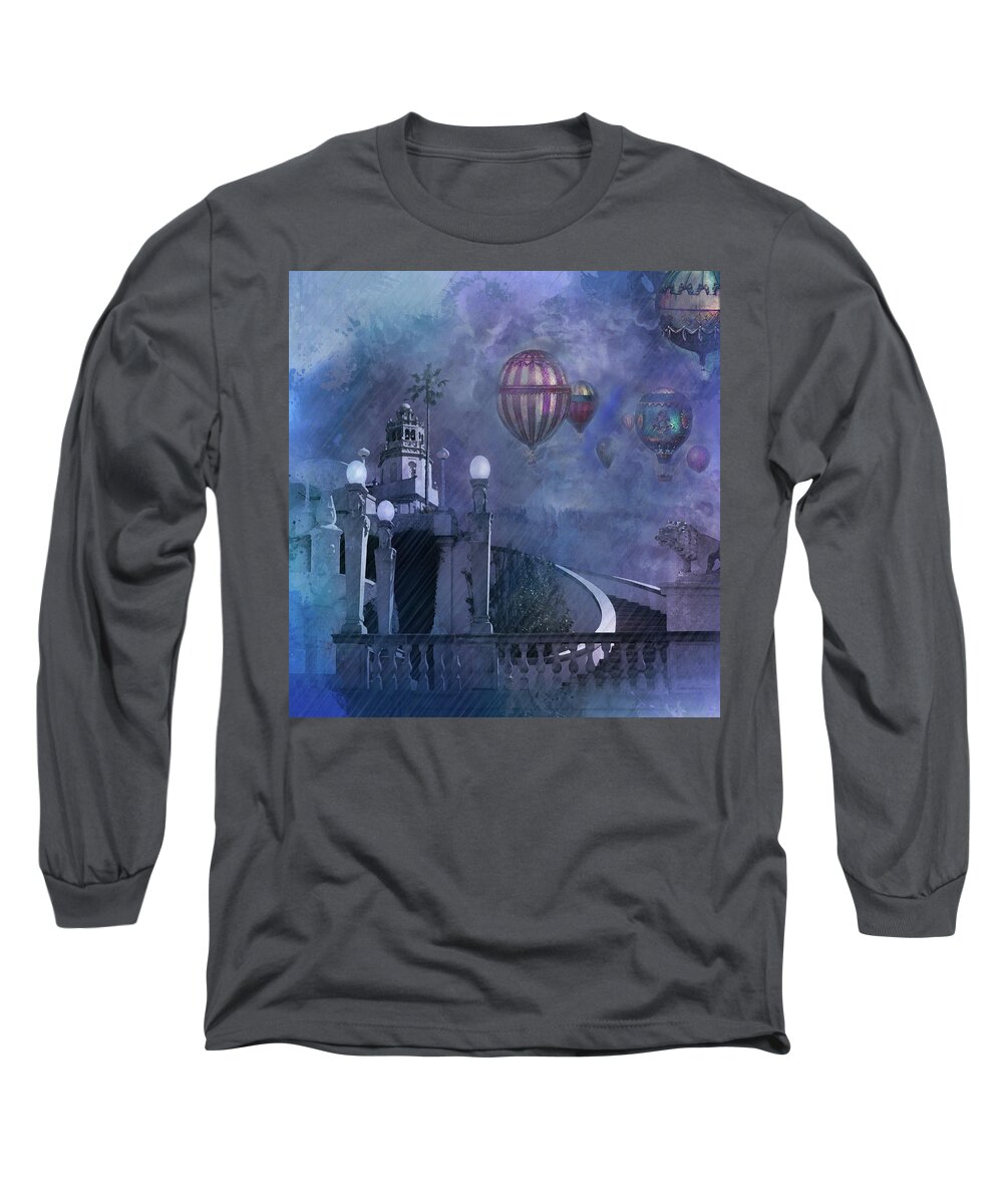 Hearst Castle Long Sleeve T-Shirt featuring the digital art Rain and balloons at Hearst Castle by Jeff Burgess