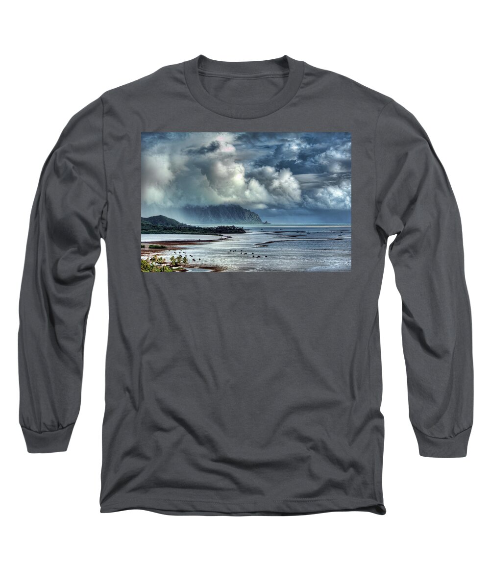 Hdr Long Sleeve T-Shirt featuring the photograph Rain clearing Kaneohe Bay by Dan McManus