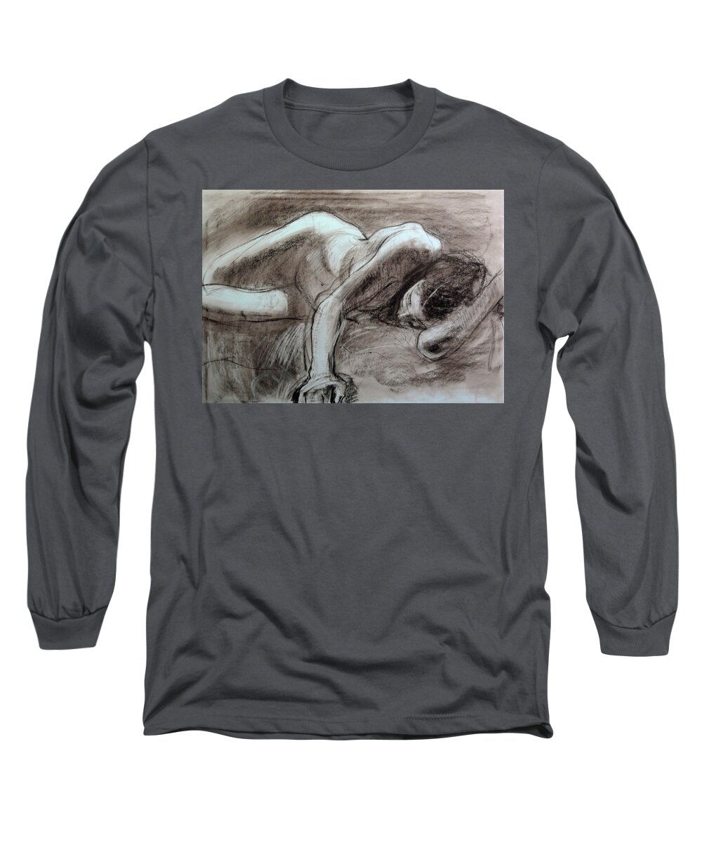Drawing Long Sleeve T-Shirt featuring the drawing Reclining Female by Harry Robertson