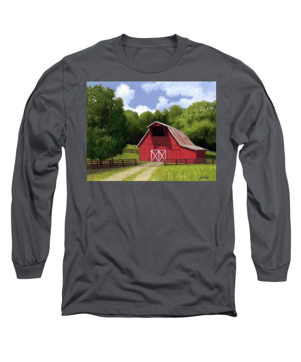 Red Barn Long Sleeve T-Shirt featuring the painting Red Barn in Franklin TN by Janet King