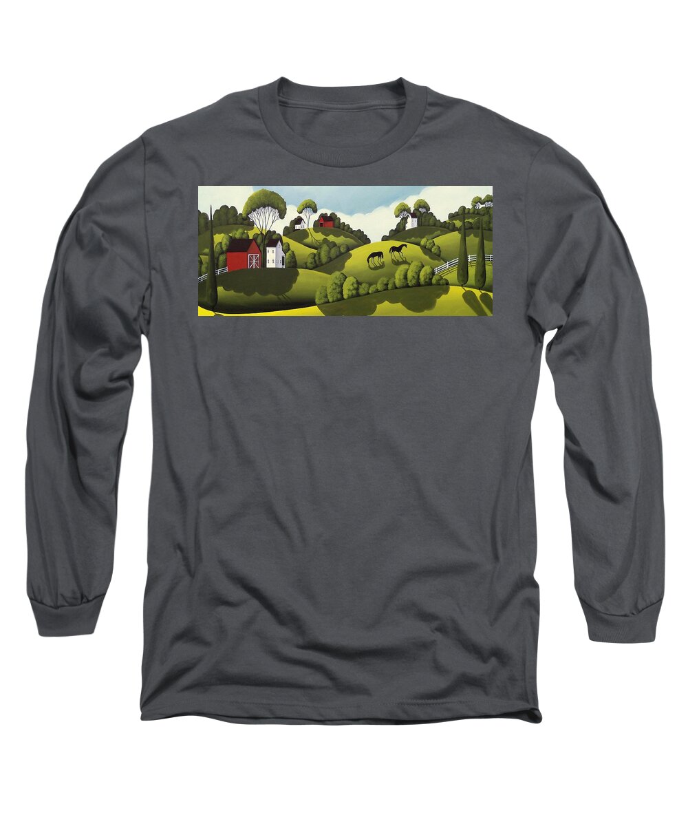 Barn Long Sleeve T-Shirt featuring the painting Red Barns - country landscape by Debbie Criswell