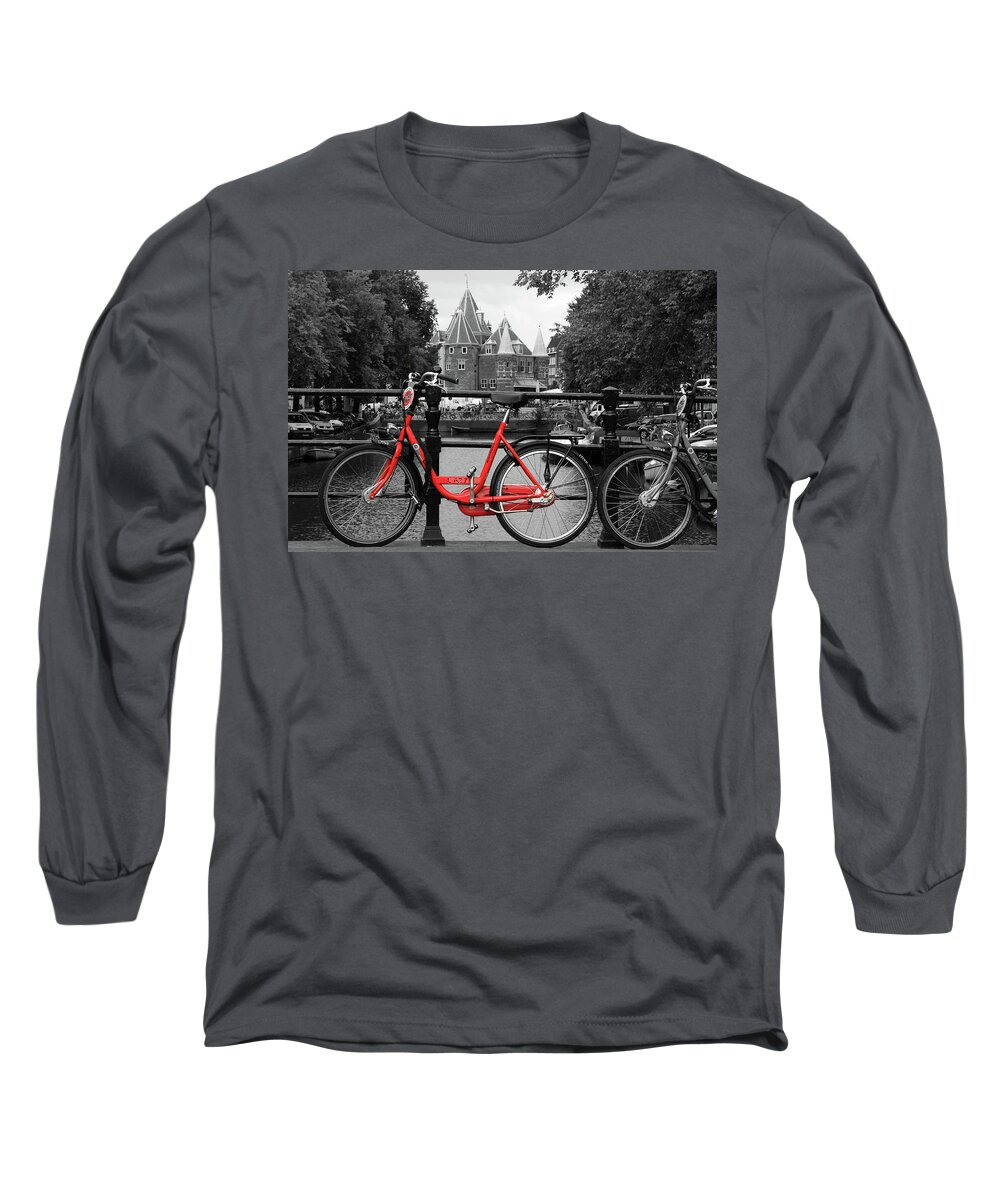 Amsterdam Long Sleeve T-Shirt featuring the photograph Red Bicycle By The Canal by Aidan Moran