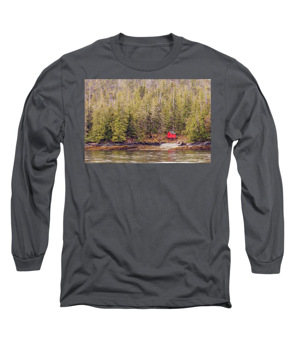 Alaska Long Sleeve T-Shirt featuring the photograph Red Cabin on Edge of Alaskan Waterway in Evergreen Forest by Darryl Brooks