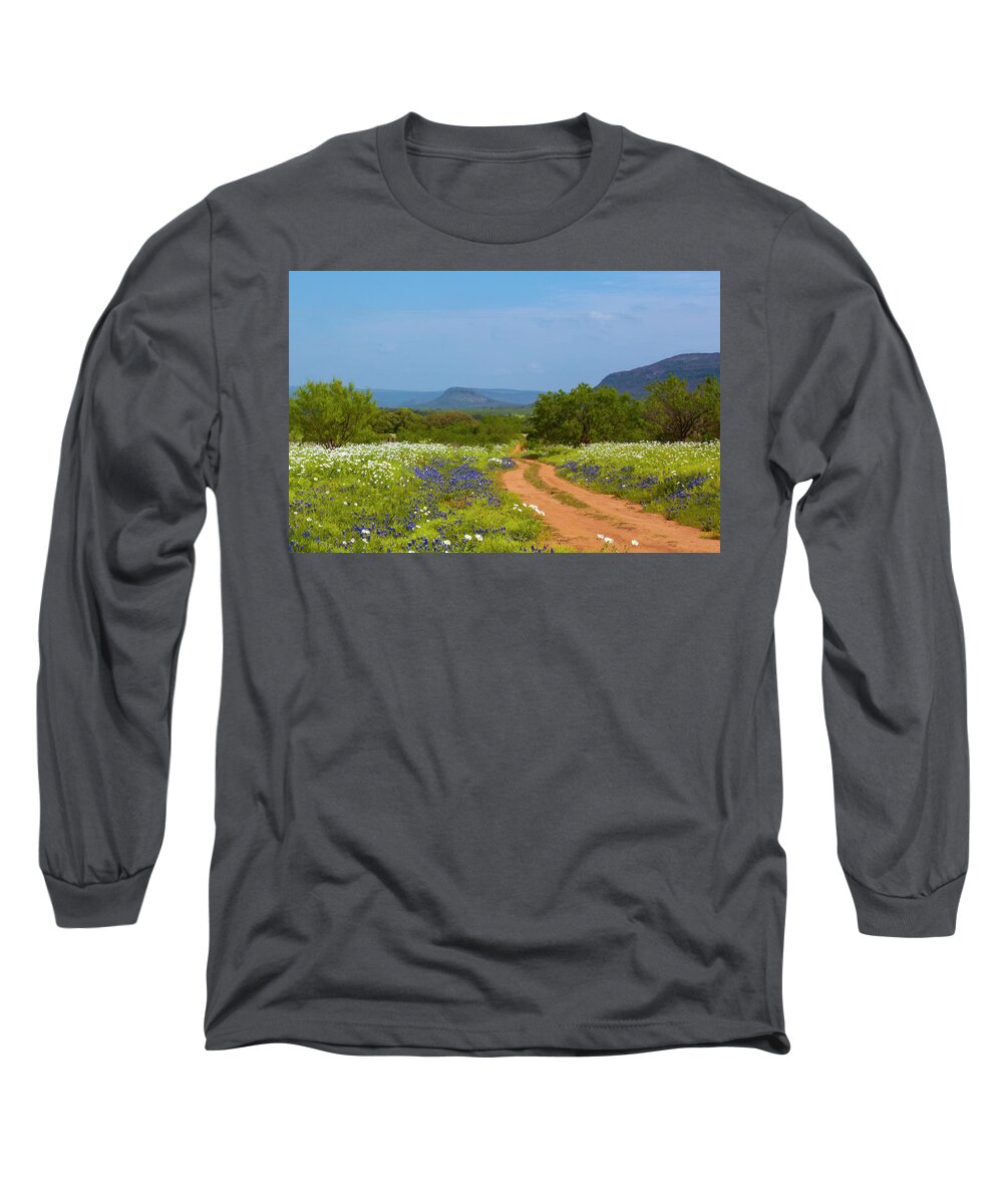 Willow City Loop Long Sleeve T-Shirt featuring the photograph Red Dirt Road With Wild Flowers by Brian Kinney