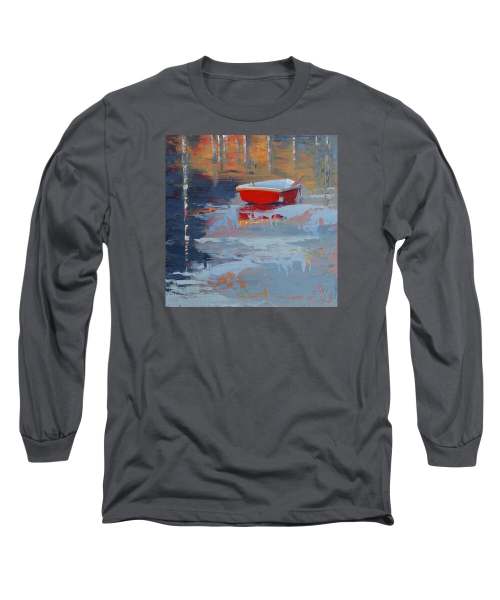 Rowboat Long Sleeve T-Shirt featuring the painting Red Reflections by Trina Teele