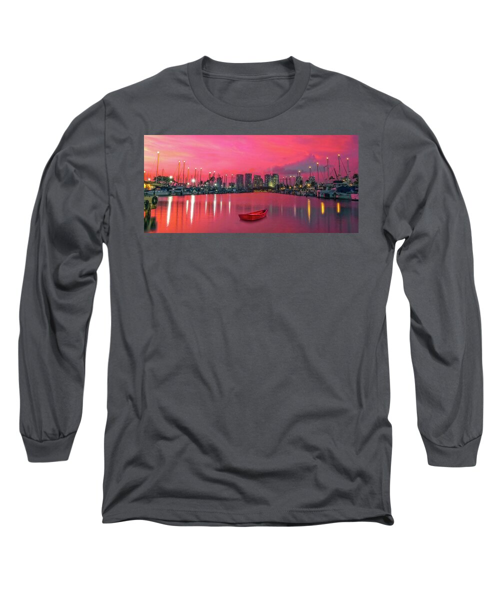 Sunset Ocean Harbor Boats Honululu City Lights Long Sleeve T-Shirt featuring the photograph Red Skies At Night by James Roemmling