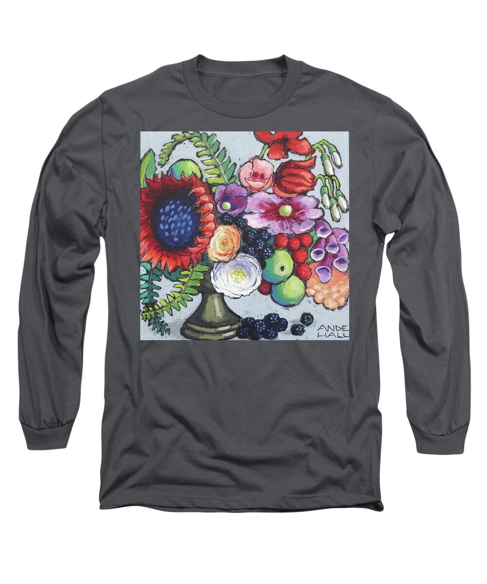 Red Sunflower Long Sleeve T-Shirt featuring the painting Red Sunflower Party by Ande Hall