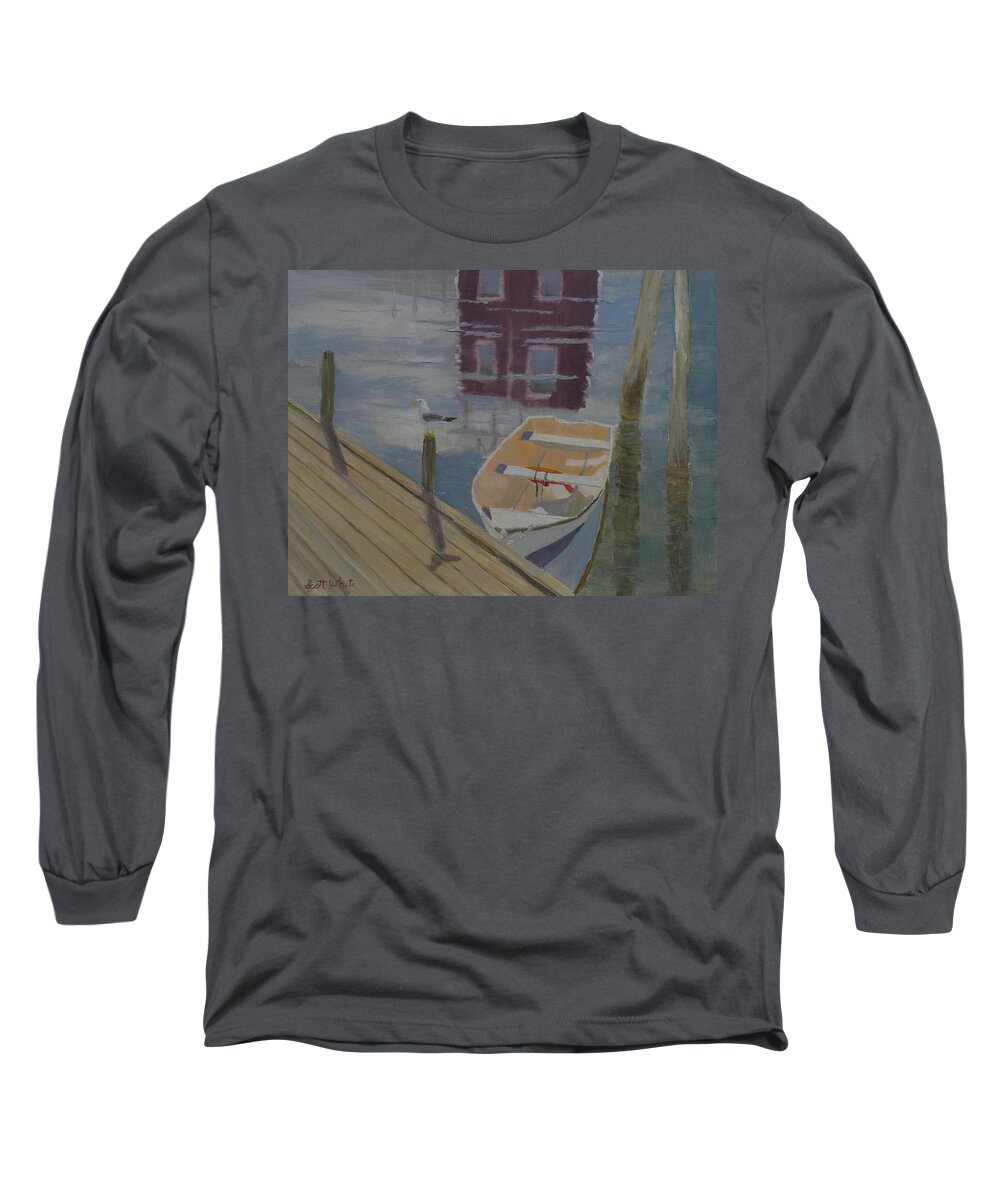 Reflection Red Boat Dock Harbor Seagull Ocean Building Landscape Long Sleeve T-Shirt featuring the painting Reflection In Red by Scott W White