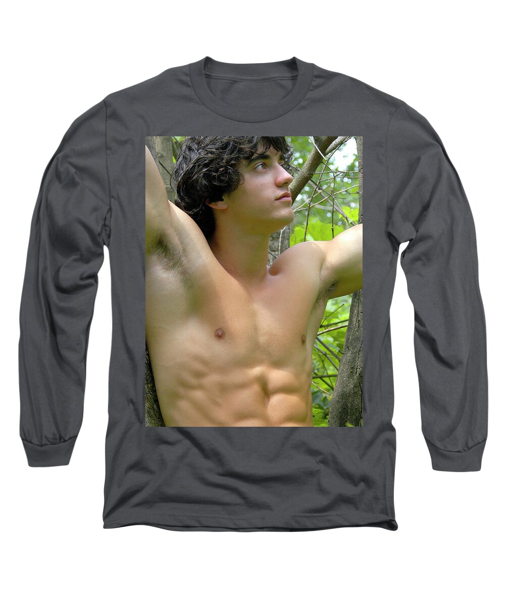 Male Long Sleeve T-Shirt featuring the photograph Sexy Guy Relaxing In Red Shorts by Gunther Allen