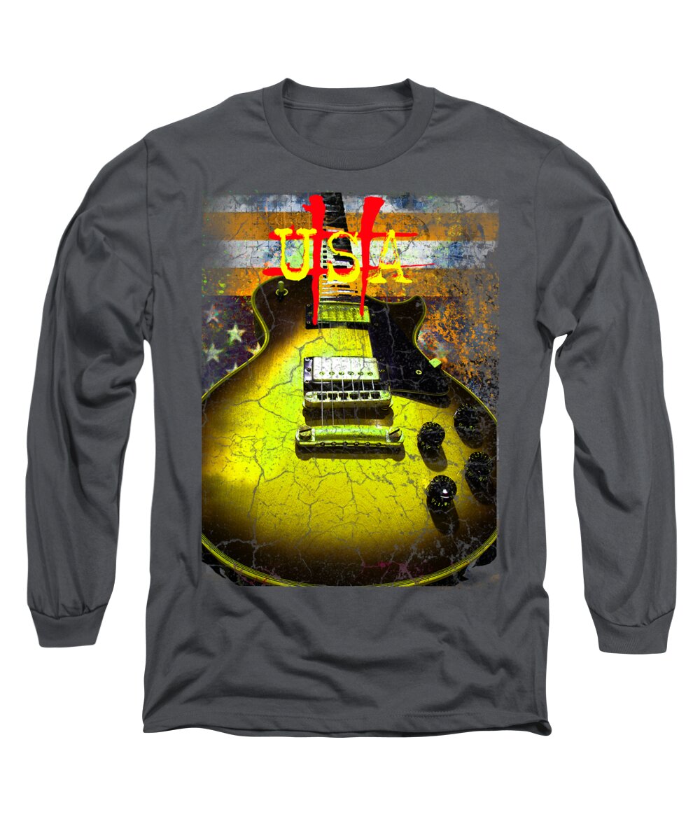 Guitar Long Sleeve T-Shirt featuring the digital art Relic Guitar Music Patriotic USA Flag by Guitarwacky Fine Art