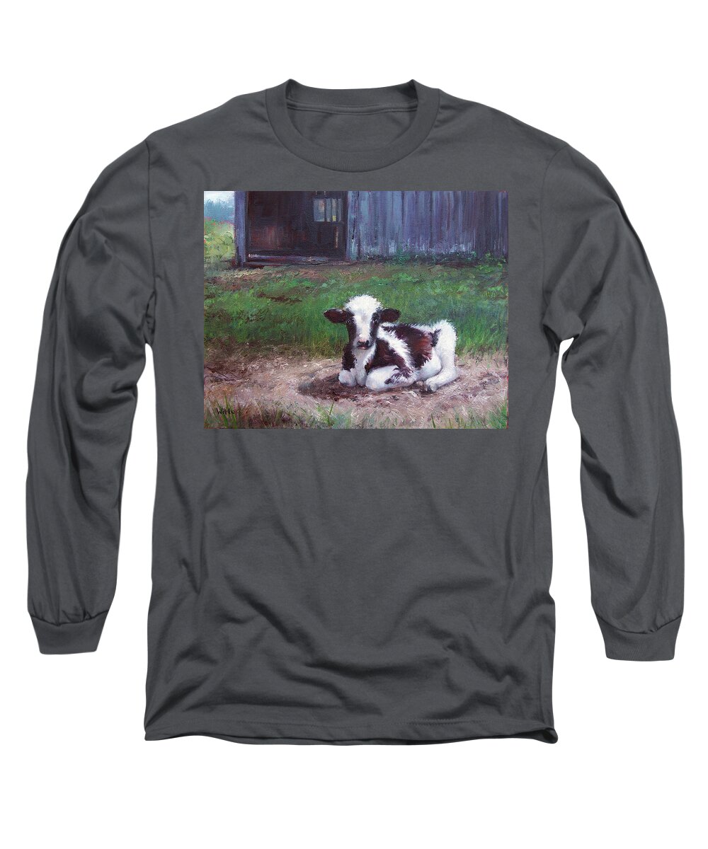 Calf Long Sleeve T-Shirt featuring the painting Resting Calf by Marie Witte