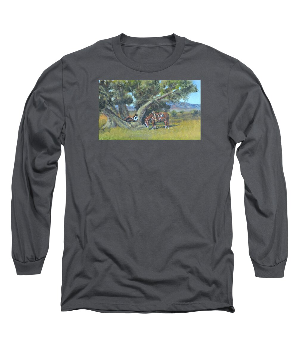 Luczay Long Sleeve T-Shirt featuring the painting Resting Cowboy Painting A Study by Katalin Luczay