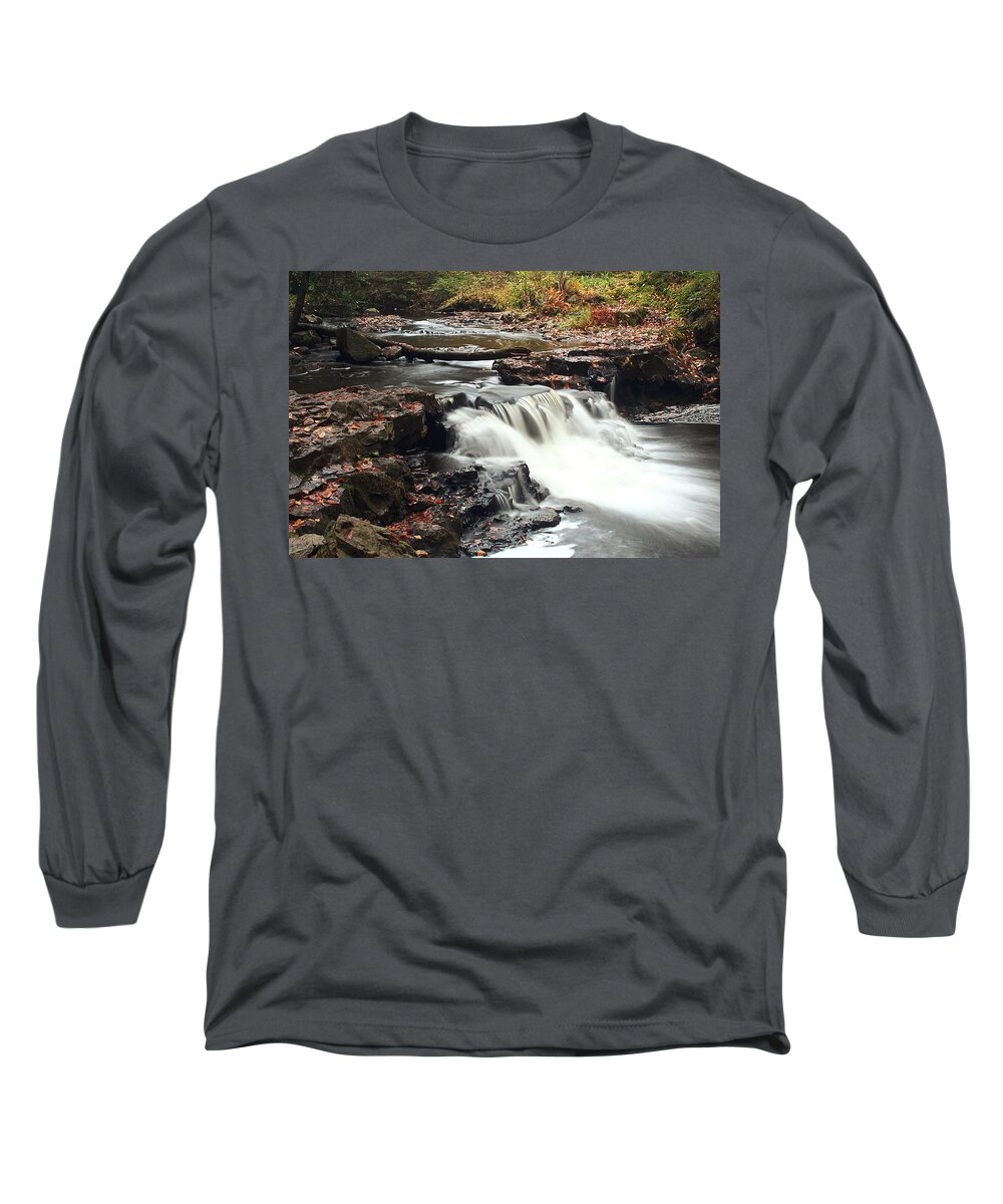 Flowing Water Waterfall Rickets Glen State Park Pennsylvania Fall Rocks Leaves Long Sleeve T-Shirt featuring the photograph Rickets Glen Waterfall by Scott Burd