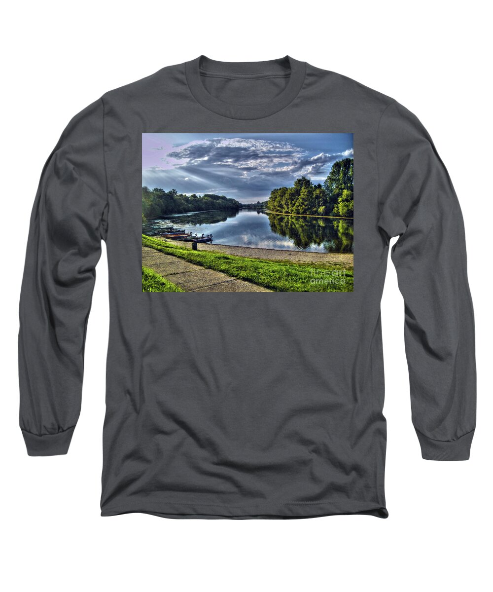River Long Sleeve T-Shirt featuring the photograph Riverbank Boats by Nina Ficur Feenan