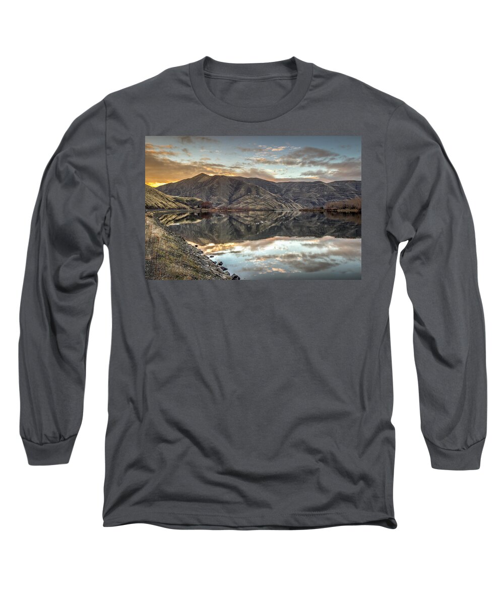 Lewiston Idaho Clarkston Washington Id Wa Lewis Clark Lc Valley Landscape River Clearwater Chief Timothy State Park Reflection Sunset Long Sleeve T-Shirt featuring the photograph Road to Chief Timothy by Brad Stinson