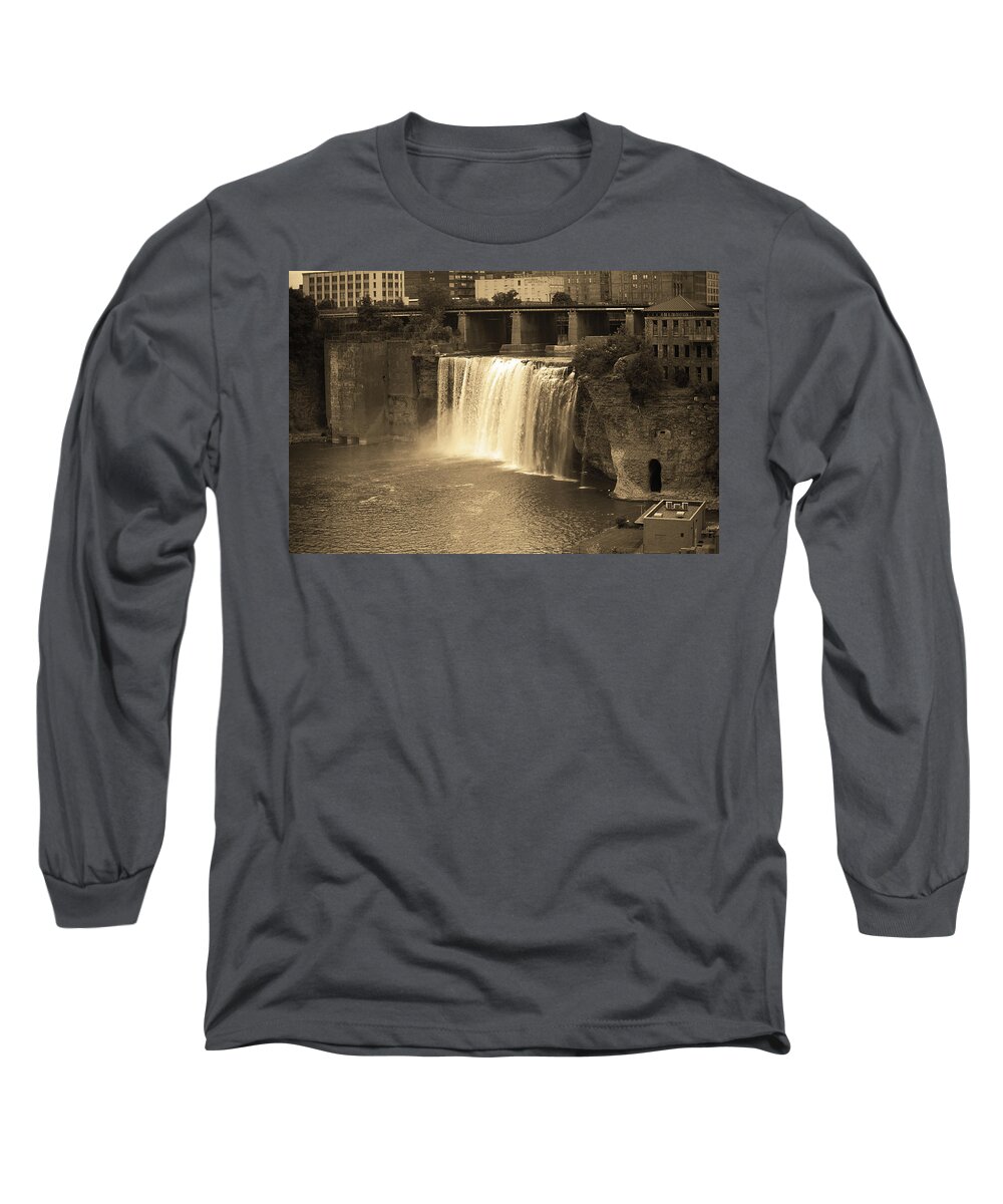 America Long Sleeve T-Shirt featuring the photograph Rochester, New York - High Falls Sepia by Frank Romeo