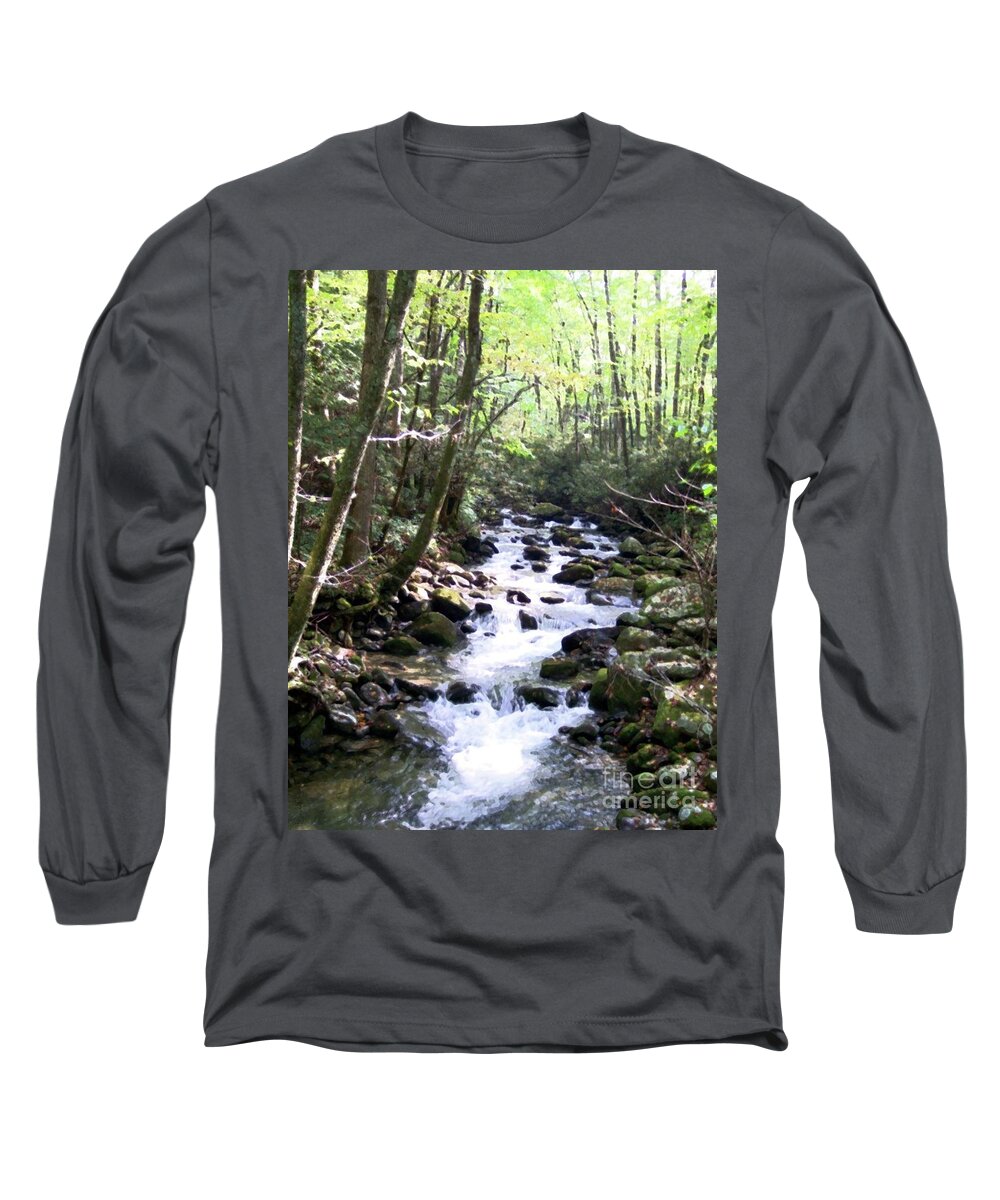 Wooded Stream Long Sleeve T-Shirt featuring the mixed media Rocky Stream 6 by Desiree Paquette