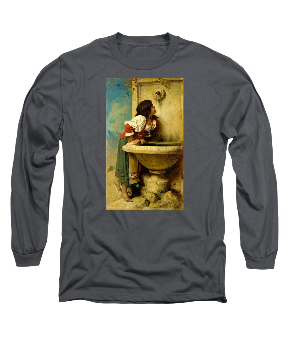 Leon Bonnat Long Sleeve T-Shirt featuring the painting Roman Girl at a Fountain by Leon Bonnat