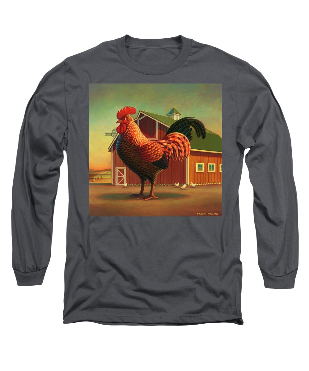 Rooster Long Sleeve T-Shirt featuring the painting Rooster and the Barn by Robin Moline