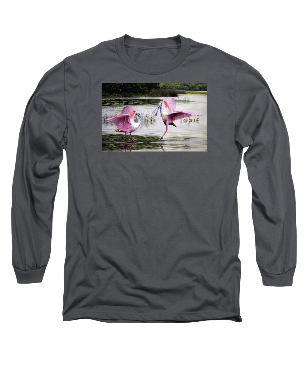 Roseate Spoonbill Long Sleeve T-Shirt featuring the photograph Roseate Spoonbills sparring. by Brian Tarr