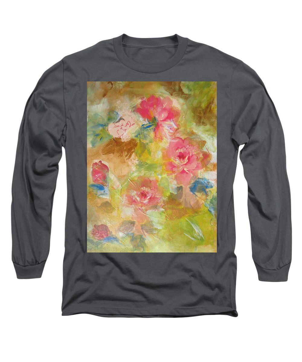 Pink Roses Long Sleeve T-Shirt featuring the painting Roses in Bloom by Denice Palanuk Wilson