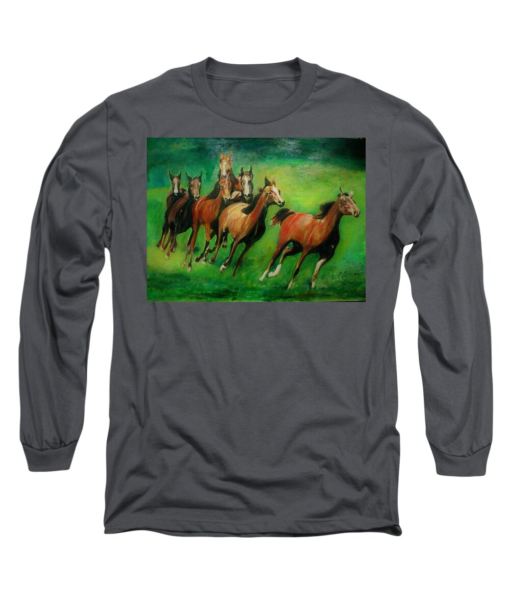 Horse Long Sleeve T-Shirt featuring the painting Running Free by Khalid Saeed