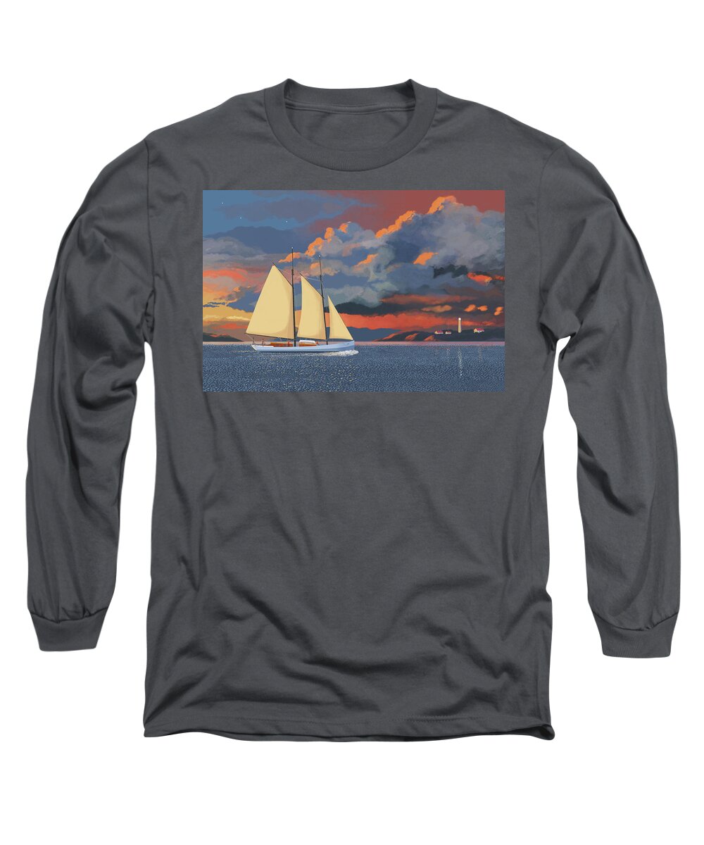 Schooner Yawl Sloop Ketch Sailing Sailor Ship Boat Freighter Sailing Ocean Sea Lake Stream River Cargo Storm Stormy Clouds Thunder Lightening Long Sleeve T-Shirt featuring the digital art Safe haven by Gary Giacomelli
